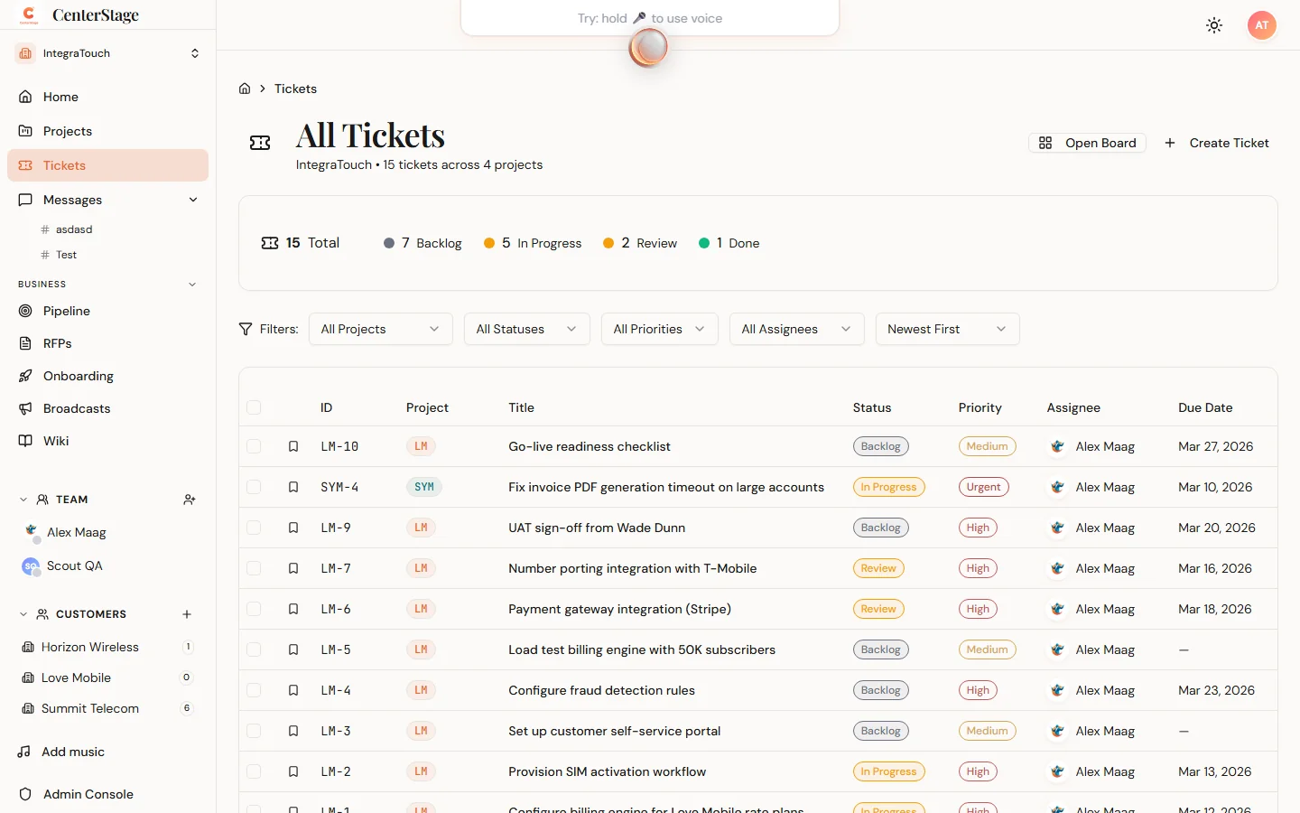 CenterStage ticket management with filters and priorities