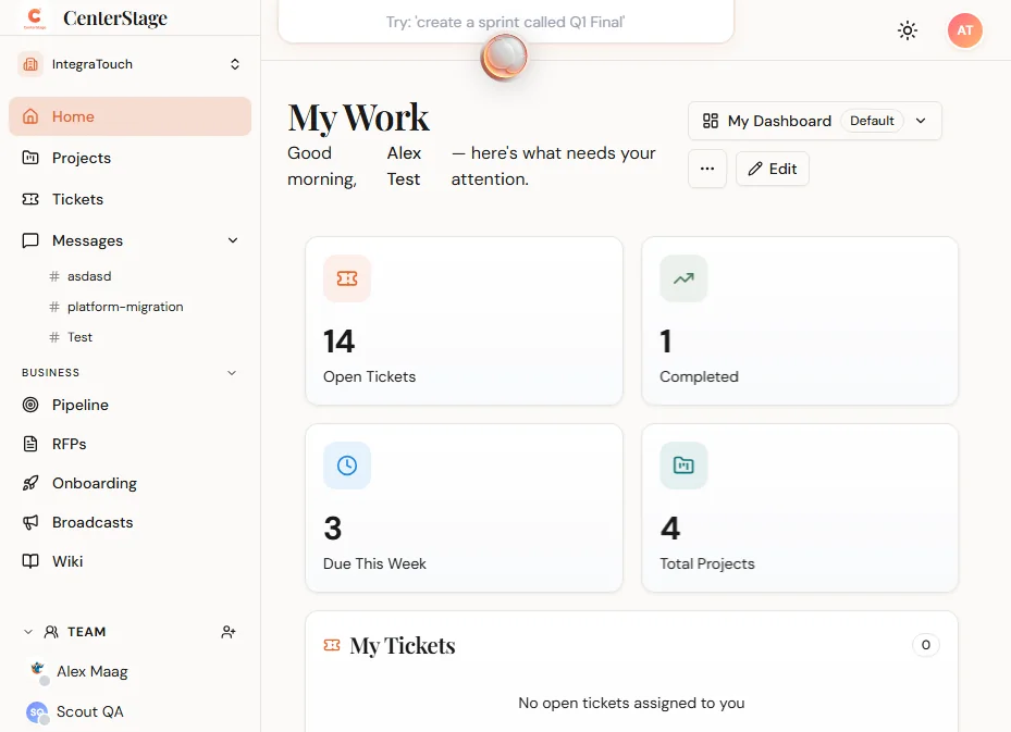 CenterStage dashboard with project stats and ticket tracking